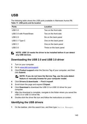 Page 145USB
ThefollowingtableshowstheUSBportsavailableinAlienwareAuroraR6.
Table11.USBportsanditslocationPortsLocationUSB3.0TwoonthefrontsideUSB3.0withPowerShareTwoonthefrontsideUSB2.0SixonthebackpanelUSB3.1Type-COneonthebackpanelUSB3.1OneonthebackpanelUSB3.0Threeonthebackpanel
NOTE:USB3.0needsthedrivertobeinstalledbeforeitcandetect
anyUSBdevices.
DownloadingtheUSB2.0andUSB3.0driver
1Turnonyourcomputer.
2Gotowww.dell.com/support....