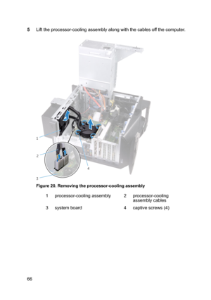 Page 665Lifttheprocessor-coolingassemblyalongwiththecablesoffthecomputer.
Figure20.Removingtheprocessor-coolingassembly
1processor-coolingassembly2processor-cooling
assemblycables3systemboard4captivescrews(4)66 