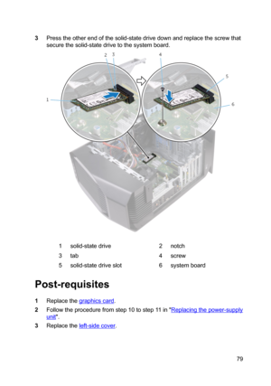 Page 793Presstheotherendofthesolid-statedrivedownandreplacethescrewthat
securethesolid-statedrivetothesystemboard.1solid-statedrive2notch3tab4screw5solid-statedriveslot6systemboard
Post-requisites
1Replacethegraphicscard.
2Followtheprocedurefromstep10tostep11in"Replacingthepower-supply
unit".
3Replacetheleft-sidecover.
79 