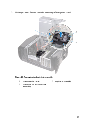 Page 853Lifttheprocessorfanandheat-sinkassemblyoffthesystemboard.
Figure26.Removingtheheatsinkassembly
1processor-fancable2captivescrews(4)3processorfanandheat-sink
assembly85 
