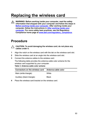 Page 93Replacingthewirelesscard
WARNING:Beforeworkinginsideyourcomputer,readthesafety
informationthatshippedwithyourcomputerandfollowthestepsin
Beforeworkinginsideyourcomputer.Afterworkinginsideyour
computer,followtheinstructionsin
Afterworkinginsideyour
computer.Formoresafetybestpractices,seetheRegulatory
Compliancehomepageat
www.dell.com/regulatoryBcompliance.

Procedure
CAUTION:Toavoiddamagingthewirelesscard,donotplaceany
cablesunderit....