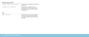 Page 3434CHAPTER 4: USING YOUR DESKTOP 
BIOS Security Features
Change Supervisor PasswordAllows you to change the supervisor password.
Change User PasswordAllows you to change the user password. You cannot use the user password to enter the BIOS setup, during POST.
Exit
Exit OptionsProvides options to Save Changes and Exit, Discard Changes and Exit, Load Optimal Defaults, and Discard Changes. 