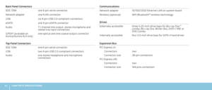 Page 6262CHAPTER 8: SPECIFICATIONS 
Communications
Network adapter10/100/1000 Ethernet LAN on system board
Wireless (optional)WiFi/Bluetooth® wireless technology
Drives
Externally accessiblethree 5.25-inch drive bays for Blu-ray Disc™ combo, Blu-ray Disc Writer (6x), DVD+/-RW, or DVD Combo 
Internally accessiblefour 3.5-inch drive bays for SATA-II hard drives
Expansion Bus
PCI Express x1:
Connectorstwo
Connector size36-pin connectors
PCI Express x16:
Connectorstwo
Connector size164 pins connectors
Back Panel...