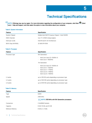 Page 34Technical Specifications
NOTE: Offerings may vary by region. For more information regarding the configuration of your computer, click Start  (Start 
icon)
!Help and Support, and then select the option to view information about your computer.Table 8. System InformationFeatureSpecificationSystem ChipsetMobile Intel HM175 Express Chipset / Intel CM238DMA Channelstwo VT-d DMA remap enginesInterrupt LevelsIntel 64 and IA-32 ArchitectureBIOS Chip (NVRAM)32 MB SPI ROMTable 9....