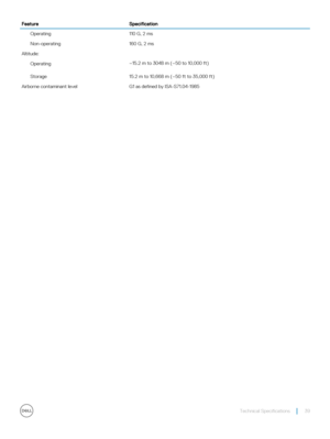 Page 39FeatureSpecificationOperating110 G, 2 msNon-operating160 G, 2 msAltitude:Operating