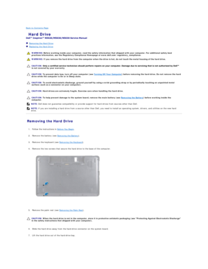 Page 19Back to Contents Page    
 Hard Drive   
 
   Removing the Hard Drive   
   Replacing the Hard Drive   
 
   
   
   
   
   
Removing the Hard Drive   
   
1. Follow the instructions in  Before You Begin .   
 
     
2. Remove the battery (see  Removing the Battery ).   
 
     
3. Remove the keyboard (see  Removing the Keyboard ).   
 
     
4. Remove the two screws that secure the hard drive to the base of the computer.
   
 
 
     
5. Remove the palm rest (see  Removing the Palm Rest )....