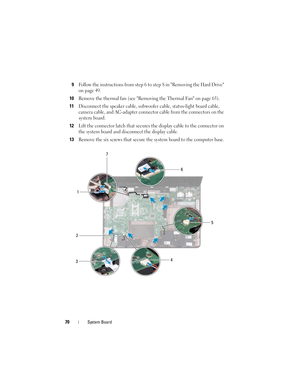 Page 7070System Board
9Follow the instructions from step 6 to step 8 in Removing the Hard Drive 
on page 49.
10Remove the thermal fan (see Removing the Thermal Fan on page 65).
11Disconnect the speaker cable, subwoofer cable, status-light board cable, 
camera cable, and AC-adapter connector cable from the connectors on the 
system board.
12Lift the connector latch that secures the display cable to the connector on 
the system board and disconnect the display cable.
13Remove the six screws that secure the system...