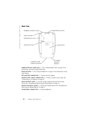 Page 14www.dell.com | support.dell.com
14About Your Device
Back View
COMPACTFLASH CARD SLOT—See CompactFlash Cards on page 23 for 
information on using CompactFlash cards.
MAIN BATTERY—See Using the Batteries on page 15 for information on the 
main battery.
AC 
ADAPTER CONNECTOR—Connect the AC adapter.
CRADLE/SYNC CABLE CONNECTOR—Connect a cradle or sync cable. See 
Connecting to a Computer on page 19.
MAIN BATTERY LOCK—Use this switch to release and remove the main 
battery. See Installing and Removing the...
