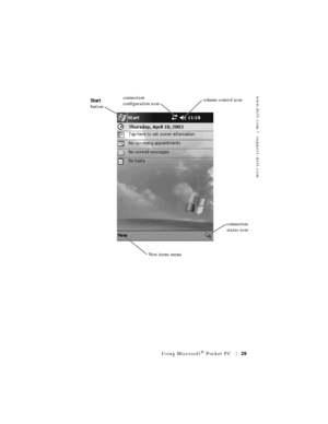 Page 29www.dell.com | support.dell.com
Using Microsoft® Pocket PC29
Start 
button
connection 
status icon
New items menuvolume control icon connection 
configuration icon 