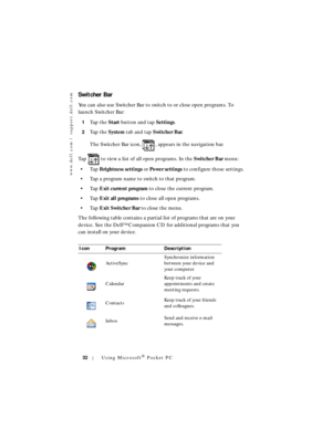 Page 32www.dell.com | support.dell.com
32Using Microsoft® Pocket PC
Switcher Bar
You can also use Switcher Bar to switch to or close open programs. To 
launch Switcher Bar:
1Ta p  t h e  Start button and tap Settings.
2Ta p  t h e  System tab and tap Switcher Bar.
The Switcher Bar icon,  , appears in the navigation bar.
Tap   to view a list of all open programs. In the Switcher Bar menu:
•Tap Brightness settings or Po w e r settings to configure those settings.
• Tap a program name to switch to that program....