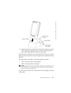 Page 21www.dell.com | support.dell.com
About Your Device21
4Align the connector on the bottom of the device with the connector 
on the cradle, and, keeping the front of the device flush with the 
front of the cradle, lower the device onto the cradle. 
When the device is docked in the cradle, the DELL™ logo on the cradle 
lights up and the connection status icon appears on the command bar (see 
page 29).
The spare battery status light on the cradle operates as follows:
• Green: The spare battery is fully...