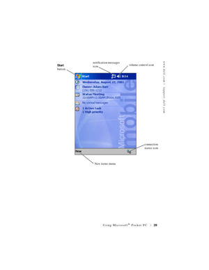 Page 29www.dell.com | support.dell.com
Using Microsoft® Pocket PC29
Start 
buttonvolume control icon notification messages 
icon
connection 
status icon
New items menu 