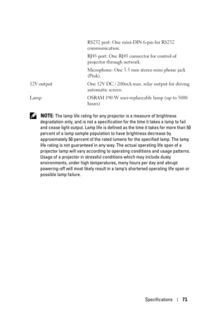 Page 72Specifications71
 NOTE: The lamp life rating for any projector is a measure of brightness 
degradation only, and is not a specification for the time it takes a lamp to fail 
and cease light output. Lamp life is defined  as the time it takes for more than 50 
percent of a lamp sample population to have brightness decrease by 
approximately 50 percent of the rated lumens for the specified lamp. The lamp 
life rating is not guaranteed in any wa y. The actual operating life span of a 
projector lamp will...