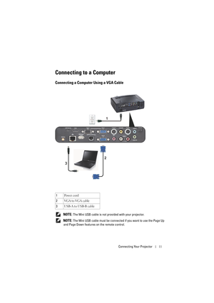 Page 11Connecting Your Projector11
Connecting to a Computer
Connecting a Computer Using a VGA Cable
 NOTE: The Mini USB cable is not provided with your projector.
 
NOTE: The Mini USB cable must be connected if you want to use the Page Up 
and Page Down features on the remote control. 1Po w e r  c o rd
2VGA to VGA cable
3USB-A to USB-B cable
1
2
3 