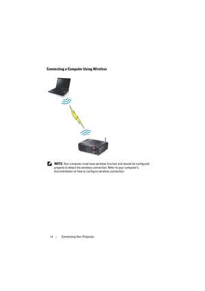 Page 1414Connecting Your Projector
Connecting a Computer Using Wireless
 NOTE: Your computer must have wireless function and should be configured 
properly to detect the wireless connection. Refer to your computer’s 
documentation on how to configure wireless connection. 