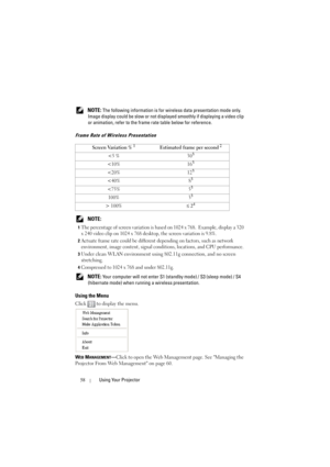 Page 5858Using Your Projector
 NOTE: The following information is for wireless data presentation mode only. 
Image display could be slow or not displayed smoothly if displaying a video clip 
or animation, refer to the frame rate table below for reference.
Frame Rate of Wireless Presentation
 NOTE: 
1The percentage of screen variation is based on 1024 x 768.  Example, display a 320 
x 240 video clip on 1024 x 768 desktop, the screen variation is 9.8%.
2Actuate frame rate could be different depending on factors,...