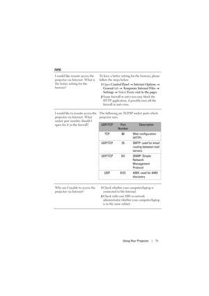 Page 75Using Your Projector75
TIPS:
I would like remote access the 
projector via Internet. What is 
the better setting for the 
browser?To have a better setting for the browser, please 
follow the steps below:
1Open Control Panel  Internet Options  
General tab   Te m p o r a r y  I n t e r n e t  F i l e s  
Settings  Select Every visit to the pages.
2Some firewall or anti-virus may block the 
HTTP application, if possible turn off the 
firewall or anti-virus.
I would like to remote access the 
projector via...