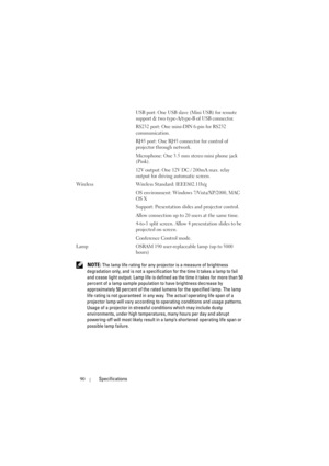 Page 9090Specifications
 NOTE: The lamp life rating for any projector is a measure of brightness 
degradation only, and is not a specification for the time it takes a lamp to fail 
and cease light output. Lamp life is defined as the time it takes for more than 50 
percent of a lamp sample population to have brightness decrease by 
approximately 50 percent of the rated lumens for the specified lamp. The lamp 
life rating is not guaranteed in any way. The actual operating life span of a 
projector lamp will vary...