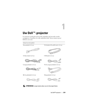 Page 359
Uw Dell™-projector359
Uw Dell™-projector
Uw projector wordt geleverd met alle  onderdelen die hieronder worden 
weergegeven. Controleer of u alle on derdelen hebt. Neem contact op met 
Dell als u iets mist.
Inhoud van het pakket
Stroomkabel (1,8 m) VGA-ka bel (D-sub/D-sub) (1,8 m)
S-Video-kabel (2,0 m) USB-kabel (1,8 m)
Composietkabel (1,8 m) VGA-componentkabel (1,8 m)
RCA-audiokabel (1,8 m) Minipinkabel (1,8 m)
   
OPMERKING: Lengte kabels alleen voor de Verenigde Staten. 