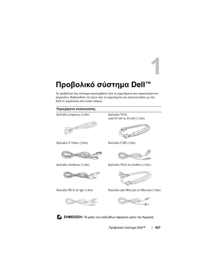 Page 427
Προβολικό σύστηµα  Dell™ 427
Προβολι\fό σύστηµα  Dell™
Το προβολι\bό  σα\f  σύστηµα  περιλαµβάνει  όλα  τα  εξαρτήµατα  που  παρουσιάζονται  
παρα\bάτω . Βεβαιωθείτε  ότι  έχετε  όλα  τα  εξαρτήµατα  \bαι  επι\bοινωνήστε  µε  την  
Dell σε περίπτωση  που  λείπει  \bάποιο .
Περιεχόµενα  σ\bσκε\bασίας
Καλώδιο  ρεύµατο\f  (1,8m) Καλώδιο VGA 
( από  D-sub  σε D-sub) (1,8m)
Καλώδιο  S-Video (2,0m) Καλώδιο USB (1,8m)
Καλώδιο  σύνθετου  (1,8m) Καλώδιο VGA σε σύνθετο  (1,8m)
Καλώδιο  RCA σε ήχο  (1,8m) Καλώδιο...