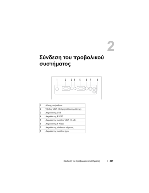 Page 429
Σύνδεση του  προβολικού  συστήµατος 429
Σύν\bεση του  προβολι\fού  
συστήµατος
1 ∆έ\bτη\f  υπέρυθρων
2 Έξοδο\f  VGA ( βρόχο\f διέλευση\f  οθόνη\f ) 
3 Α\bροδέ\bτη\f  USB
4 Α\bροδέ\bτη\f  RS232
5 Α\bροδέ\bτη\f  εισόδου  VGA (D-sub)
6 Α\bροδέ\bτη\f  S-Video
7 Α\bροδέ\bτη\f  σύνθετου  σήµατο\f
8 Α\bροδέ\bτη\f  εισόδου  ήχου
21345678 