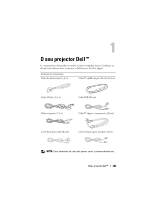 Page 503
O seu projector Dell™503
O seu projector Dell™
O seu projector é fornecido com todos os  itens mostrados abaixo. Certifique-se 
de que tem todos os itens e contacte  a Dell no caso de faltar algum.
Conteúdo da embalagem
Cabo de alimentação (1,8 m) Cabo  VGA (D-sub para D-sub) (1,8 m)
Cabo S-Video (2,0 m) Cabo USB (1,8 m)
Cabo composto (1,8 m) Cabo VGA para componentes (1,8 m)
Cabo RCA para áudio (1,8 m) Ca bo minipino para minipino (1,8m)
   
NOTA: Estas dimensões de cabo são a penas para o continente...