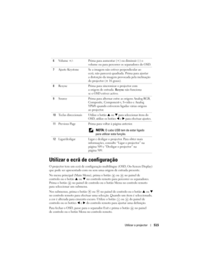 Page 515
Utilizar o projector515
Utilizar o ecrã de configuração
O projector tem um ecrã de configuração  multilíngue (OSD, On-Screen Display) 
que pode ser apresentado com ou sem uma origem de entrada presente. 
No menu principal (Main Menu), prima  o botão   ou   no painel de 
controlo ou o botão   ou   no controlo remoto para percorrer os separadores. 
Prima o botão   no painel de controlo ou o botão Menu no controlo remoto 
para seleccionar um submenu.
Nos submenus, prima o botão   ou    no painel de...