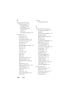 Page 630
630Indeks
S
Signaler på RS232-ben
RS232-protokol, 597Kommunikations-
indstillinger, 597
Kontrolkommando-
syntaks, 597
Liste over 
kontrolkommandoer, 598
Specifikationer Antal pixel, 595
Ensartethed, 5 9 5
Farvehjuls hastighed, 5 9 5
Farver, der kan vises, 5 9 5
H. Frekvens, 5 9 5
I/O-stik, 5 9 6
Kompatibilitetstilstande, 599
Kontrast, 5 9 5
Lampe, 595
Lyd, 595
Lysstyrke, 5 9 5
Lysventil, 5 9 5
Miljø, 596
Mål, 596
Projektionsafstand, 5 9 5
Projektionslinse, 5 9 5
Projektionsskærmstørrelse,
595...