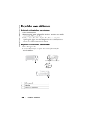 Page 644
www.dell.com | support.dell.com
644Projektorin käyttäminen
Heijastetun kuvan säätäminen 
Projektorin kallistuskulman suurentaminen 
1Paina kallistuspainiketta. 
2Nosta projektoria, kunnes kallistuskulma  on riittävä, ja vapauta sitten painike, 
jolloin tukijalka lukittuu paikoilleen. 
3Voit hienosäätää kallistuskulmaa käyt tämällä kallistuksen säätöpyörää. 
Tarvittaessa voit käyttää myös projekto rin sivuissa olevia kallistuspainikkeita, 
joiden avulla voit kohottaa projektorin takaosaa. 
Projektorin...