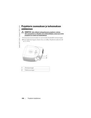 Page 646
www.dell.com | support.dell.com
646Projektorin käyttäminen
Projektorin zoomauksen ja tarkennuksen 
säätäminen 
 VAROITUS: Jotta välttyisit va hingoittamasta projektoria, tarkista, 
että zoomauslinssi ja tukijalka ovat  sisäänvedettyinä, ennen kuin siirrät 
projektoria tai as etat sen kantolaukkuun.
1Zoomaa kuvaa pienemmäksi tai suur emmaksi kiertämällä zoomausnuppia. 
2Kierrä tarkennusrengasta, kunnes kuva  on tarkka. Projektorin tarkennusväli 
on 1,2–10 m. 
3
1 Zoomausnuppi
2 Tarkennusrengas
1
2 