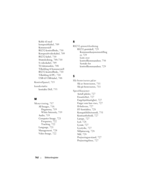 Page 762
762Stikkordregister
Koble til med 
komposittkabel, 709
Kommersiell 
RS232-kontrollboks, 710
Komposittvideokabel, 709
RS232-kabel, 710
Strømledning, 708-710
S-videokabel, 709
Til datamaskin, 708
Tilkobling til kommersiell 
RS232-kontrollboks, 710
Tilkobling til PC, 710
USB til USB-kabel, 708
Kontrollpanel, 715
kundestøtte kontakte Dell, 733
M
Menyvisning, 717All Images, 718Degamma, 719
White Intensity, 7 1 9
Audio, 719
Computer Image, 721 Frequency, 722
Tracking, 7 2 2
Language, 7 2 1
Management, 7 2 0...