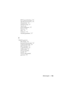 Page 763
Stikkordregister763
RS232-pinnetilordning, 729
Spesielle bestemmelser, 7 2 8
Strømforbruk, 727
Strømforsyning, 727
Størrelse på 
projiseringsskjerm, 7 2 7
Støynivå, 728
Vekt, 728
V-frekvens, 727
Videokompatibilitet, 727
T
Tilkoblingsporter
IR-mottaker, 707
Komposittvideokontakt, 707
Lydinngangskontakt, 7 0 7
RS232-kontakt, 707
S-videokontakt, 707
USB-kontakt, 707
VGA inn (D-sub), 
kontakt, 707
VGA ut (skjermsløyfe 
gjennom), 707 