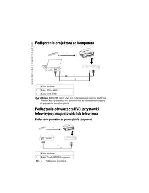 Page 774
www.dell.com | support.dell.com
774Podłączanie projektora
Podłączanie projektora do komputera
 UWAGA: Kabla USB należy użyć, jeśli będą  stosowane przyciski Next Page 
i Previous Page (pozwalające na prze chodzenie do odpowiednio następnej 
lub poprzedniej strony) na pilocie.
Podłączanie odtwarzacza DVD, przystawki 
telewizyjnej, magnetowidu lub telewizora
Podłączanie projektora za pomocą kabla component 
1 Kabel zasilania
2 Kabel VGA–VGA
3 Kabel USB–USB
1 Kabel zasilania
2 Kabel D-sub–HDTV/Component
1...