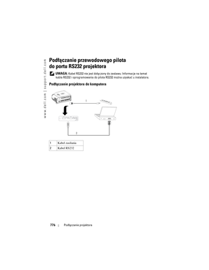 Page 776
www.dell.com | support.dell.com
776Podłączanie projektora
Podłączanie przewodowego pilota 
do portu RS232 projektora
 UWAGA: Kabel RS232 nie jest dołączony do  zestawu. Informacje na temat 
kabla RS232 i oprogramowania do pilo ta RS232 można uzyskać u instalatora.
Podłączanie projektora do komputera
1Kabel zasilania
2 Kabel RS232
1
2 
