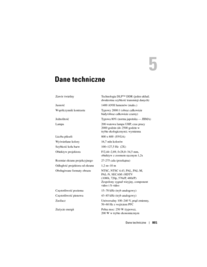 Page 801
Dane techniczne801
5
Dane techniczne
5
Zawór świetlny Technologia DLP™ DDR (jeden układ; 
dwukrotna szybkość transmisji danych)
Jasność 1400 ANSI lumenów (maks.) 
Współczynnik kontrastu Typowy 2000:1 (obraz całkowicie  biały/obraz całkowicie czarny) 
Jednolitość Typowa 80% (norma japońska — JBMA)
Lampa 200-watowa lampa UHP, czas pracy  2000 godzin (do 2500 godzin w 
trybie ekologicznym); wymienna
Liczba pikseli 800 x 600  (SVGA)
Wyświetlane kolory 16,7 mln kolorów
Szybkość koła barw 100~127,5 Hz  (2X)...