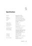 Page 29
Specifications29
5
Specifications
5
Light Valve Single-chip DLP™ DDR 
(double data rate) technology
Brightness 2000 ANSI Lumens (Max) 
Contrast Ratio 2100:1 Typical (Full On/Full Off) 
Uniformity 80% Typical (Japan Standard - JBMA)
Lamp 200-watt user-replaceable UHP 2500- hour lamp(up to 3000 hours in 
eco mode)
Number of Pixels 800 x 600  (SVGA)
Displayable Color 16.7M colors
Color Wheel Speed 100~127.5Hz  (2X)
Projection Lens F/2.4-2.58, f=19~21.9mm with 1.15x  manual zoom lens
Projection Screen Size...