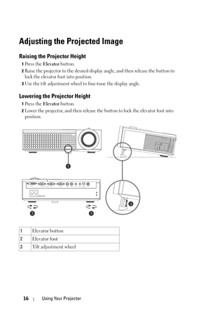 Page 1616Using Your Projector
Adjusting the Projected Image 
Raising the Projector Height 
1Press the Elevator button. 
2Raise the projector to the desired display angle, and then release the button to 
lock the elevator foot into position.
3Use the tilt adjustment wheel to fine-tune the display angle.
Lowering the Projector Height 
1Press the Elevator button. 
2Lower the projector, and then release the button to lock the elevator foot into 
position.
1Elevator button 
2Elevator foot 
3Tilt adjustment wheel
2...