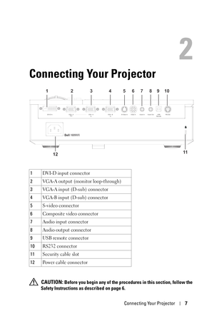 Page 7Connecting Your Projector7
2
Connecting Your Projector
 CAUTION: Before you begin any of the procedures in this section, follow the 
Safety Instructions as described on page 6. 1DVI-D input connector
2VGA-A output (monitor loop-through)
3VGA-A input (D-sub) connector
4VGA-B input (D-sub) connector
5S-video connector
6Composite video connector
7Audio input connector
8Audio output connector
9USB remote connector
10RS232 connector
11Security cable slot
12Power cable connector
2 1345678910
11
12
Dell1609WX...