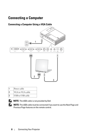 Page 88Connecting Your Projector
Connecting a Computer
Connecting a Computer Using a VGA Cable
 NOTE: The USB cable is not provided by Dell.
 
NOTE: The USB cable must be connected if you want to use the Next Page and 
Previous Page features on the remote control. 1Po w e r  c a b l e
2VGA to VGA cable
3USB to USB cable
1
2
3
MOLEX
USB
RemoteRS-232 DVI-D In
S-Video InVideo In
VGA - B
InAudio Out Audio In
VGA - A
Out VGA - A
In 