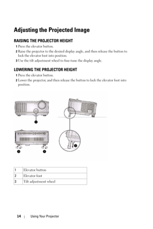 Page 1414Using Your Projector
Adjusting the Projected Image 
RAISING THE PROJECTOR HEIGHT 
1Press the elevator button. 
2Raise the projector to the desired display angle, and then release the button to 
lock the elevator foot into position.
3Use the tilt adjustment wheel to fine-tune the display angle.
LOWERING THE PROJECTOR HEIGHT 
1Press the elevator button. 
2Lower the projector, and then release the button to lock the elevator foot into 
position.
1Elevator button 
2Elevator foot 
3Tilt adjustment wheel 