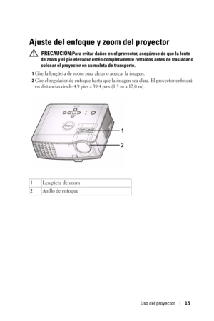 Page 171Uso del proyector15
Ajuste del enfoque y zoom del proyector
 PRECAUCIÓN:Para evitar daños en el proyector, asegúrese de que la lente 
de zoom y el pie elevador estén completamente retraídos antes de trasladar o 
colocar el proyector en su maleta de transporte.
1Gire la lengüeta de zoom para alejar o acercar la imagen.
2Gire el regulador de enfoque hasta que la imagen sea clara. El proyector enfocará 
en distancias desde 4,9 pies a 39,4 pies (1,5 m a 12,0 m).
1Lengüeta de zoom
2Anillo de enfoque 