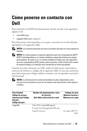Page 199Cómo ponerse en contacto con Dell43
Cómo ponerse en contacto con 
Dell
Para contactar con Dell electrónicamente, puede acceder a las siguientes 
páginas web:
• www.dell.com
•support.dell.com (soporte)
Para direcciones web específicas en su país, encuentre la sección del país 
apropiado en la siguiente tabla. 
 NOTA: Los números gratuitos son para uso dentro del país en el que aparecen 
listados.
 
NOTA: En ciertos países, el soporte específico para las computadoras Dell™ 
XPS™ está disponible en un...