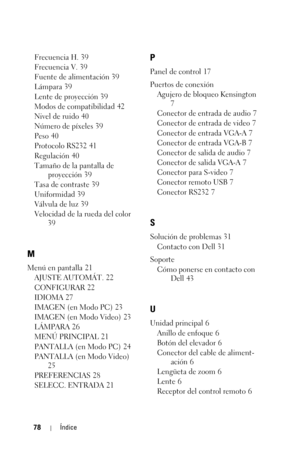 Page 23478Índice
Frecuencia H. 39
Frecuencia V.
 39
Fuente de alimentación
 39
Lámpara
 39
Lente de proyección
 39
Modos de compatibilidad
 42
Nivel de ruido
 40
Número de píxeles
 39
Peso
 40
Protocolo RS232
 41
Regulación
 40
Tamaño de la pantalla de 
proyección
 39
Tasa de contraste
 39
Uniformidad
 39
Válvula de luz
 39
Velocidad de la rueda del color
 
39
M
Menú en pantalla 21
AJUSTE AUTOMÁT.
 22
CONFIGURAR
 22
IDIOMA
 27
IMAGEN (en Modo PC)
 23
IMAGEN (en Modo Video)
 23
LÁMPARA
 26
MENÚ PRINCIPAL
 21...