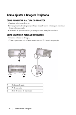 Page 24814Como Utilizar o Projetor
Como ajustar a Imagem Projetada
COMO AUMENTAR A ALTURA DO PROJETOR
1Pressione o botão de elevação. 
2Eleve o projetor até o ângulo de exibição desejado e solte o botão para travar o pé 
de elevação na posição.
3Use a roda de ajuste da inclinação para posicionar o ângulo de exibição.
COMO DIMINUIR A ALTURA DO PROJETOR
1Pressione o botão de elevação. 
2Abaixe o projetor e solte o botão para travar o pé de elevação na posição.
1Botão de elevação
2Pé de elevação
3Roda de ajuste da...