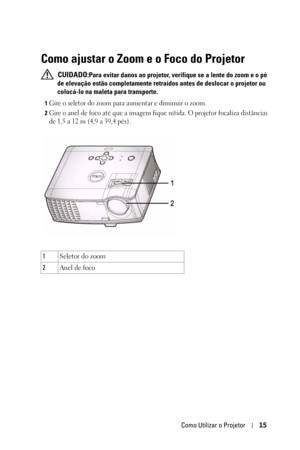Page 249Como Utilizar o Projetor15
Como ajustar o Zoom e o Foco do Projetor
 CUIDADO:Para evitar danos ao projetor, verifique se a lente do zoom e o pé 
de elevação estão completamente retraídos antes de deslocar o projetor ou 
colocá-lo na maleta para transporte.
1Gire o seletor do zoom para aumentar e diminuir o zoom.
2Gire o anel de foco até que a imagem fique nítida. O projetor focaliza distâncias 
de 1,5 a 12 m (4,9 a 39,4 pés).
1Seletor do zoom
2Anel de foco 