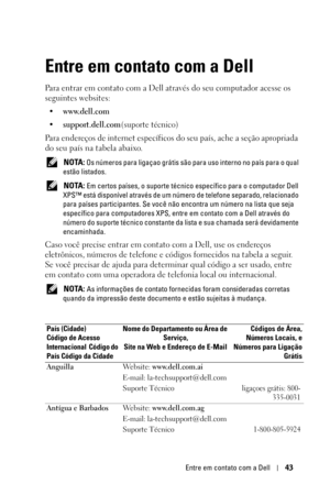 Page 277Entre em contato com a Dell43
Entre em contato com a Dell
Para entrar em contato com a Dell através do seu computador acesse os 
seguintes websites:
• www.dell.com
•support.dell.com(suporte técnico)
Para endereços de internet específicos do seu país, ache a seção apropriada 
do seu país na tabela abaixo. 
 NOTA: Os números para ligaçao grátis são para uso interno no país para o qual 
estão listados.
 
NOTA: Em certos países, o suporte técnico específico para o computador Dell 
XPS™ está disponível...