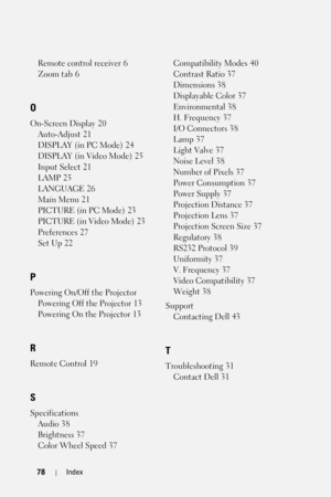 Page 7878Index
Remote control receiver 6
Zoom tab
 6
O
On-Screen Display 20
Auto-Adjust
 21
DISPLAY (in PC Mode)
 24
DISPLAY (in Video Mode)
 25
Input Select
 21
LAMP
 25
LANGUAGE
 26
Main Menu
 21
PICTURE (in PC Mode)
 23
PICTURE (in Video Mode)
 23
Preferences
 27
Set Up
 22
P
Powering On/Off the Projector
Powering Off the Projector
 13
Powering On the Projector
 13
R
Remote Control 19
S
Specifications
Audio
 38
Brightness
 37
Color Wheel Speed
 37Compatibility Modes
 40
Contrast Ratio
 37
Dimensions
 38...