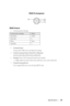 Page 39Specifications39
RS232 Pin Assignment
RS232 Protocol 
• Communication Settings 
• Command types
To pop up the OSD menu and adjust the settings.
• Control command Syntax (From PC to Projector)
[H][AC][SoP][CRC][ID][SoM][COMMAND] 
•Example: Power ON Command (Send low byte firstly)
--> 0xBE, 0xEF, 0x10, 0x05, 0x00, 0xC6, 0xFF, 0x11, 0x11, 0x01, 0x00, 0x01
•Control Commands List 
Go to support.dell.com to view the latest RS232 code.
Connection settingsVa l u e
Baud Rate: 19200
Data Bits: 8
Pa r i t y N o n...