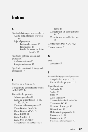 Page 255Índice87
Índice
A
Ajuste de la imagen proyectada 16
Ajuste de la altura del proyector
 
16
bajar el proyector
Botón del elevador
 16
Pie elevador
 16
Rueda de ajuste de la in-
clinación
 16
Ajuste del enfoque y zoom del 
proyector
 17
Anillo de enfoque
 17
Lengüeta de zoom
 17
Ajuste del tamaño de la imagen de 
proyección
 37
C
Cambio de la lámpara 37
Conectar una computadora con un 
cable RS232
 14
Conexión del proyector
A la computadora
 10
Cable de alimentación
 10, 11, 
12, 13, 14
Cable de video...