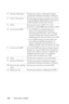 Page 27620Como utilizar o projetor
3Keystone (Distorção) Pressione para ajustar a distorção da imagem 
causada pela inclinação do projetor (±40 graus)
4Resync (Sincronizar) Pressione para sincronizar o projetor com a fonte 
de entrada. Resync (Sincronizar) não funciona se 
a OSD (exibição na tela) estiver ativada.
5Menu Pressione para ativar a OSD. Use a teclas 
direcionais e o botão Menu para navegar na OSD.
6Luz de aviso TEMP
• A luz TEMP fixa em laranja indica que o 
projetor está superaquecido. A exibição é...